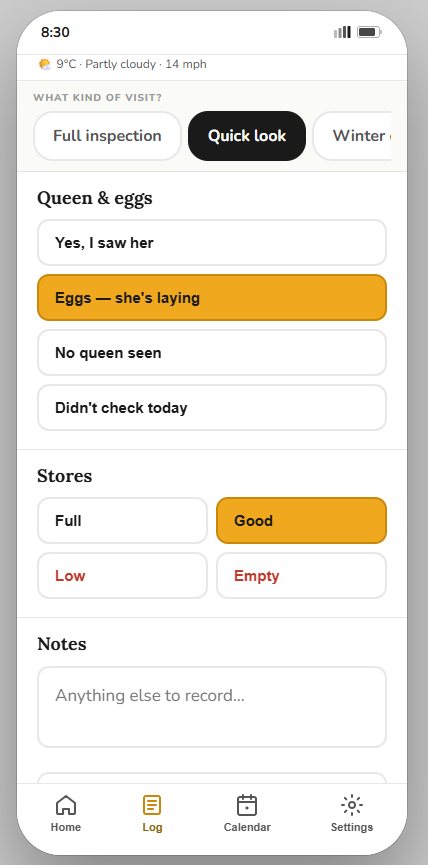 The Bee Happy Hive app on a phone, showing the Queen and eggs section of an inspection with 'Eggs — she's laying' selected, and the Stores section showing Good