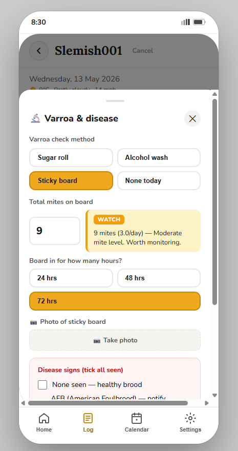 The Bee Happy Hive app showing the Varroa and disease screen mid-inspection: Sticky board method selected, 9 mites on board, a WATCH callout reading 'Moderate mite level, worth monitoring', the 72-hour count window picked, and the disease checklist below