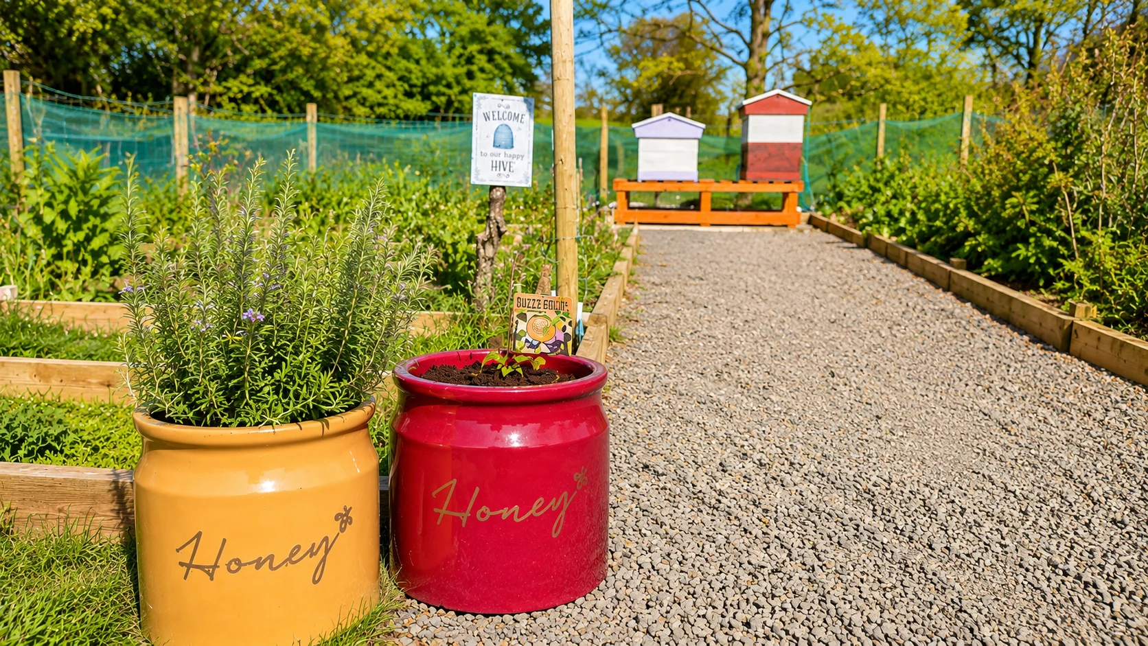 The apiary path at Bee Happy Hive, Co. Antrim, with two Honey crocks at the gate, a Welcome sign, and two painted hives in the distance