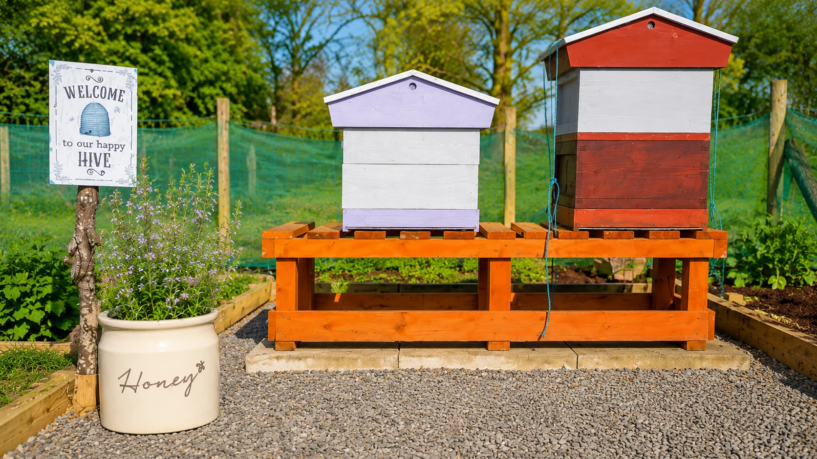 Two painted hives, lavender and red, on an orange stand with a Welcome to our happy HIVE sign and a Honey crock with flowers